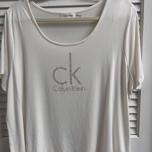 Calvin Klein Women's White Top embellished with the CK logo gold beads size XL